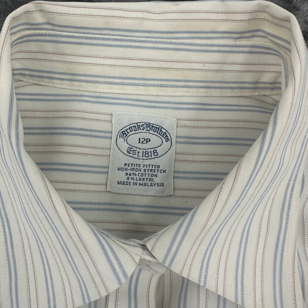 Brooks Brothers Petite Fitted Non-Iron Stretch Striped Shirt White Blue Tan 12P - Picture 3 of 6